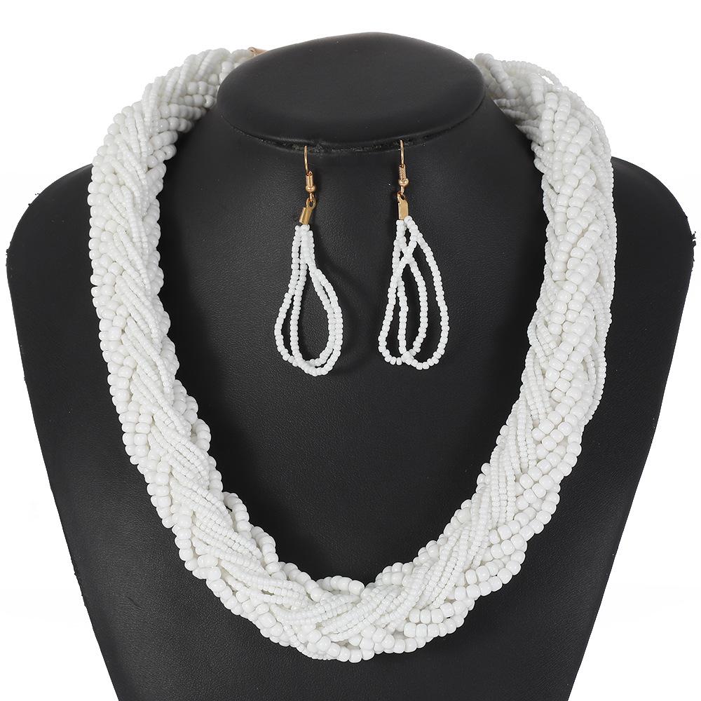 Bohemian Style European Colorful Multi-layer Rice Beads Handmade Woven Necklace Earrings Set