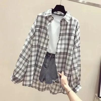 Women's Spring and Summer Retro Loose Plaid Shirt Lapel Button Casual Sun Protection Jacket