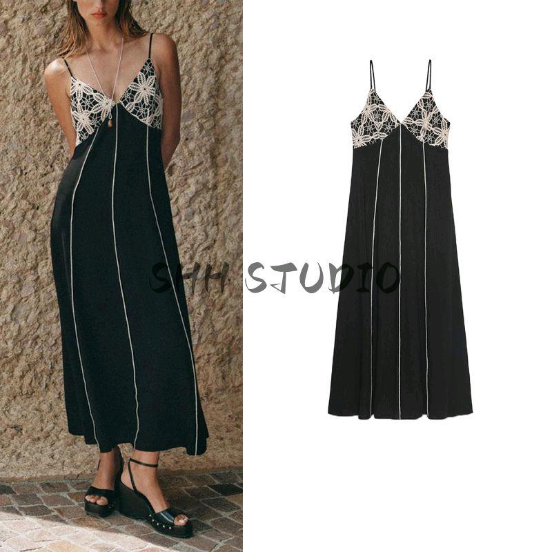 Summer Women's Clothing Sexy Style Contrast Color Convex Trim Embroider V-neck Strap Midi Skirt Long Dress 3897112