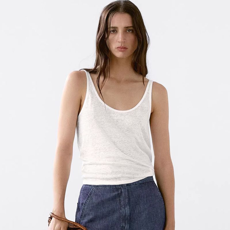 Linen Vest French style UK Spaghetti Strap Cotton Top Cami Vest Sexy White Large U-Neck Thread Export