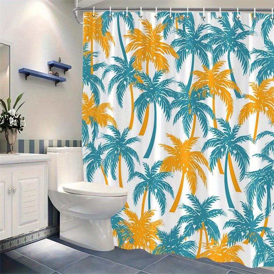 1Pc Tropical Palm Tree Shower Curtain - White, Teal And Orange Digital Print, Polyester Fabric, Machine Washable