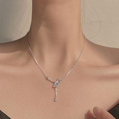 S925 Sterling Silver Necklace Hollow Design Leaf Leaf Clavicle Chain Non-fading Small Fresh Zircon Tassel Ginkgo Leaf Necklace Bestie Gift