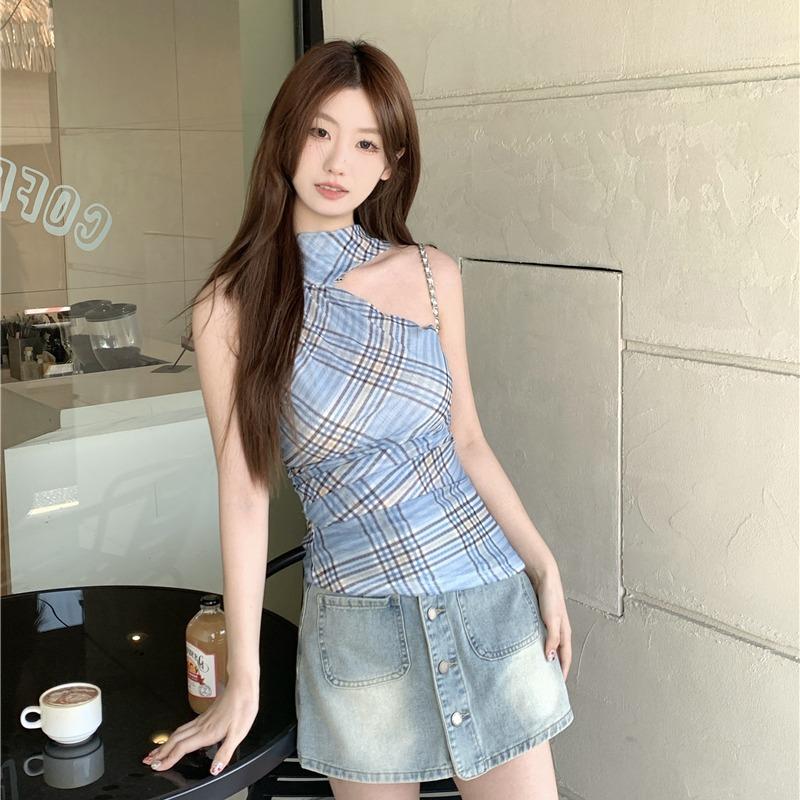 Real price, sexy spice girl neck plaid vest sling women's summer niche design temperament outside