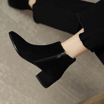 Botines de Tobillo para Mujer Primavera Otoño Moda Negro Flock Cremallera Lateral Tacón Medio Cuadrado Mujer Botas Cortas Zapatos de Señora Botas