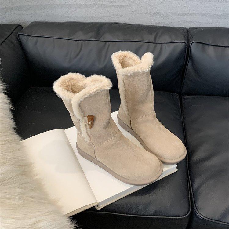 

Thick-soled two-wear horn buckle medium tube snow boots women s new velvet thickened warm and non-slip cotton boots 35 абрикосовый