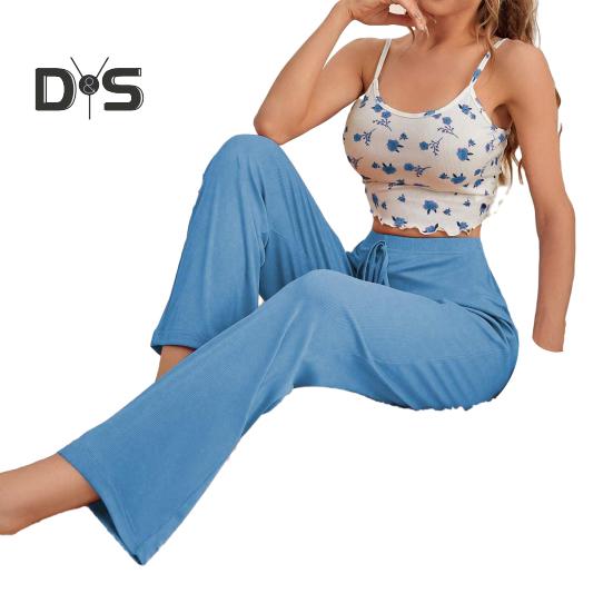 

Женский пижамный комплект из двух частей, укороченный топ без рукавов, широкие брюки, летний повседневный комплект одежды для сна S небесно-голубой