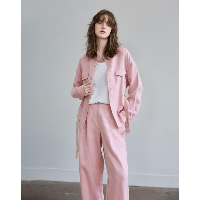 

Demana 100% Linen Stand Collar Belted Petite Jacket L