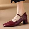 Red Thick Heel Versatile Single Shoes Women's 2025 Autumn New Square Head French Temperament Mary Jane Is Not Tired of High Heels