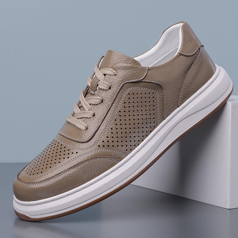Low-top hollowed-out leather shoes men's 2025 summer cowhide casual leather sandals lace-up breathable hole sandals 2025