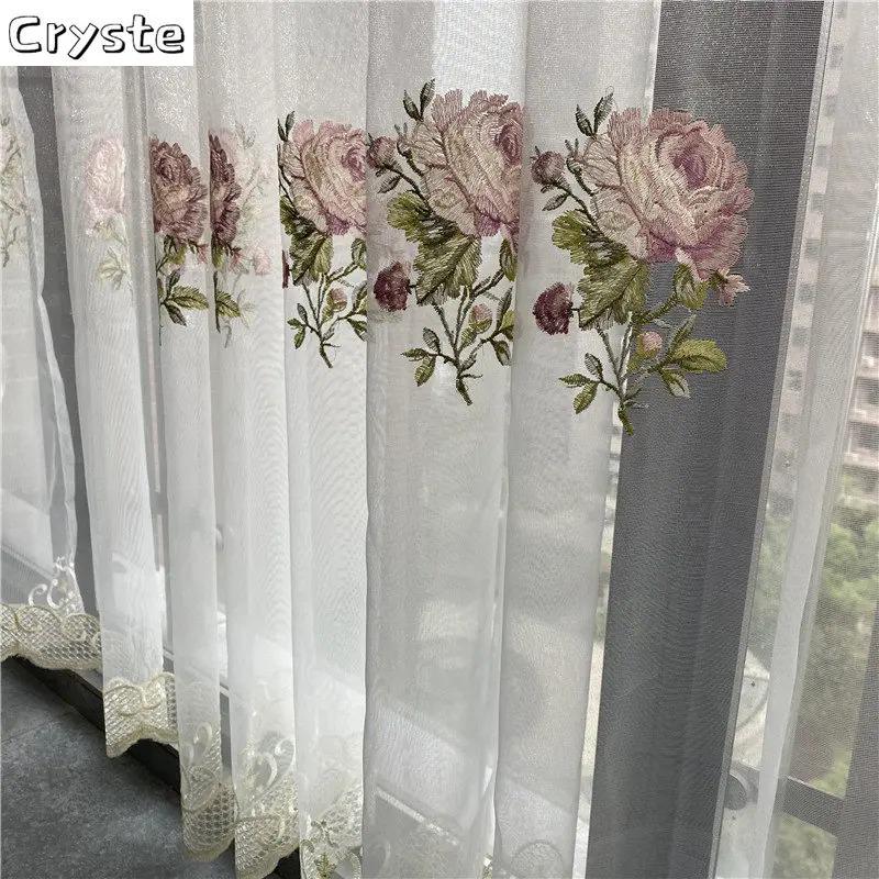 Elegantes Cortinas de Gasa Bordadas con Peonías - Voile Transparente de Lujo para Sala de Estar o Dormitorio