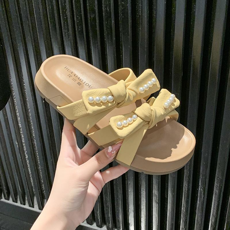 

thick-soled pearl slippers female summer 2025 new fairy style fashion bow muffin open-toed cool slippers 40 жёлтый