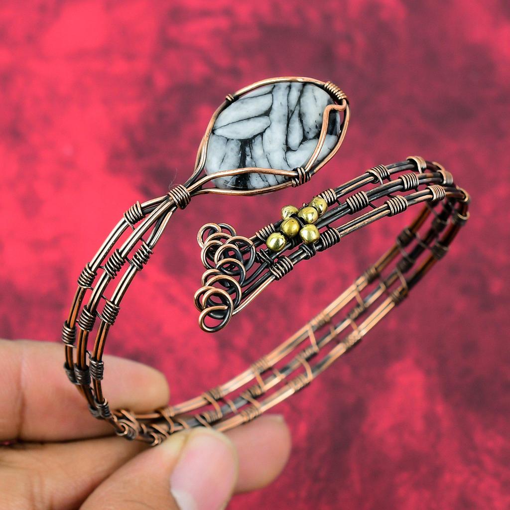 Pinolith Jasper Bangle Copper Wire Wrapped Cuff Bracelet Adjustable Bangle Beautiful Copper Jewelry Gift For Women Handmade Gemstone Jewelry