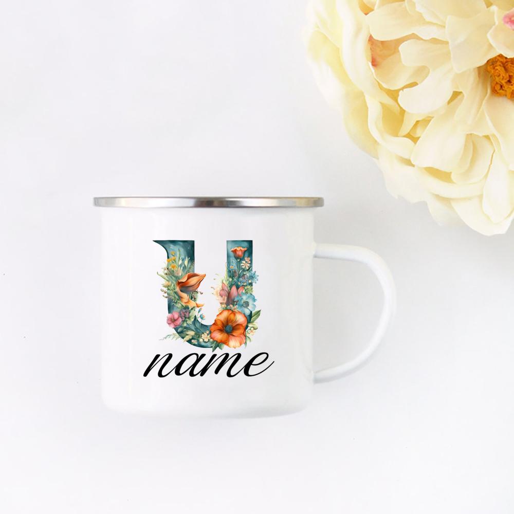 Personalisierte Blumige Initialen Namensbecher Benutzerdefinierter Name Tee Kaffee Heiße Schokolade Tasse Braut Brautjungfer Muttertag Geschenk für Sie