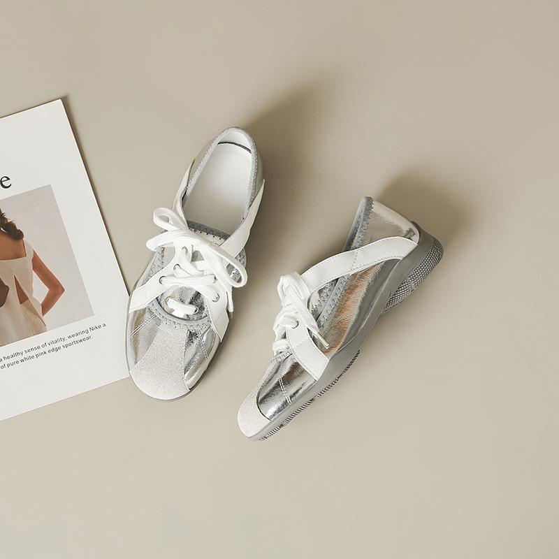 

New white comfortable fashion versatile summer leather soft sole shallow mouth casual spring thick heel ballet shoes 35 серебряный