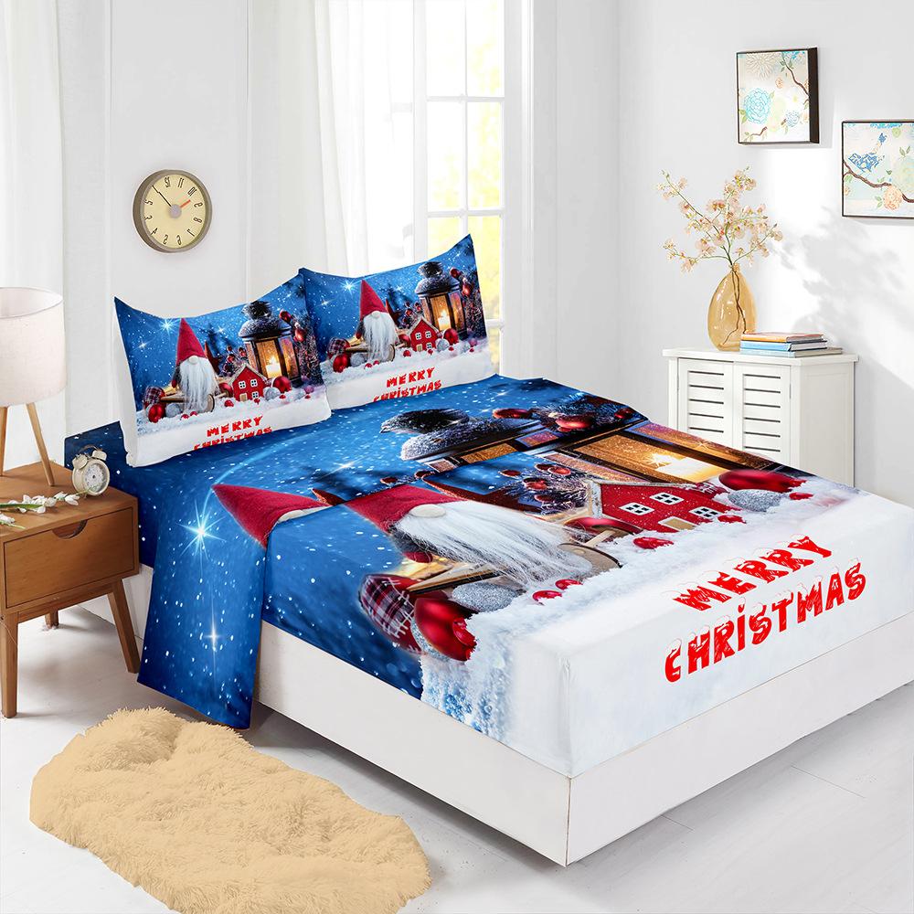 Four-Piece Mattress Set Christmas Bedding 3D Digital Printing Kit Mattress Protective Cover