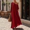 Polyester Dress Women Summer Maxi for Women, Casual Loose One Shoulder Long Sleeve Dress, Flowy Beach Vacation Sundress wwith Pockets Elegant