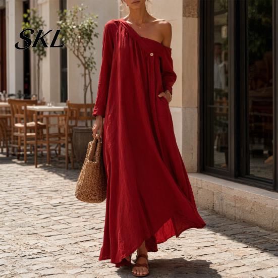 Polyester Dress Women Summer Maxi for Women, Casual Loose One Shoulder Long Sleeve Dress, Flowy Beach Vacation Sundress wwith Pockets Elegant