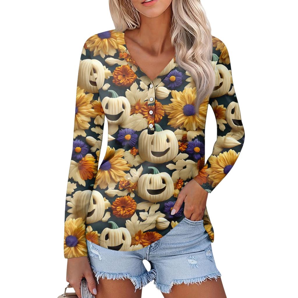 Women's Casual Fashion Sexy Comfort Halloween Printed V-Neck Button Long Sleeve