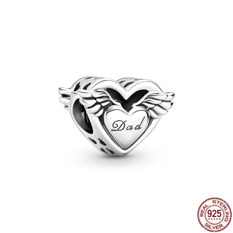 Fine S925 Sterling Silver Love You Mom Double Heart Split Dangle Charm Beads Fit Original  Bracelet DIY Women Jewelry Gift