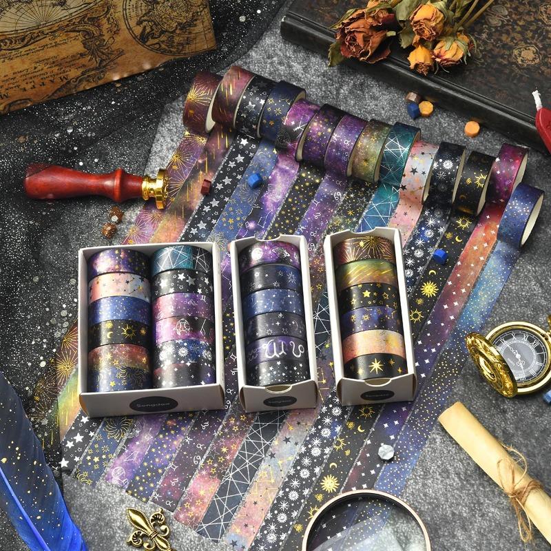 12 Rolls of Starry Sky Bronzing Pattern Washi Tape, Constellation Pattern Tape and Gift Wrapping Decoration, Gifts for Friends