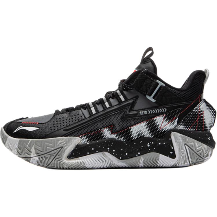 Li Ning Kids Basketball Synthetic Leather Fabric Bloom Trendy Comfortable Non-Slip Basketball Shoes Kids sneaker Black Shadow-Gray YKBU082-11