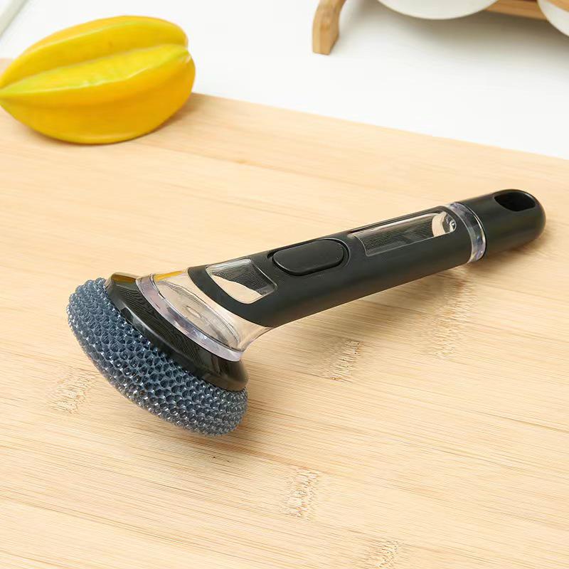 Premium Long-Handled Liquid-Dispensing Pot and Dish Brush for Efficient Kitchen Cleaning