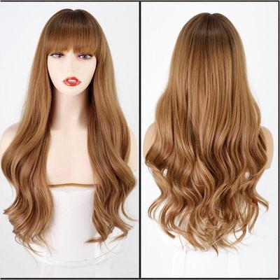 Synthetische Perücke, lang, natürlich gewellt, braunes Haar, Perücken mit Pony für Frauen, Cosplay, Party, Lolita, hitzebeständige Faser