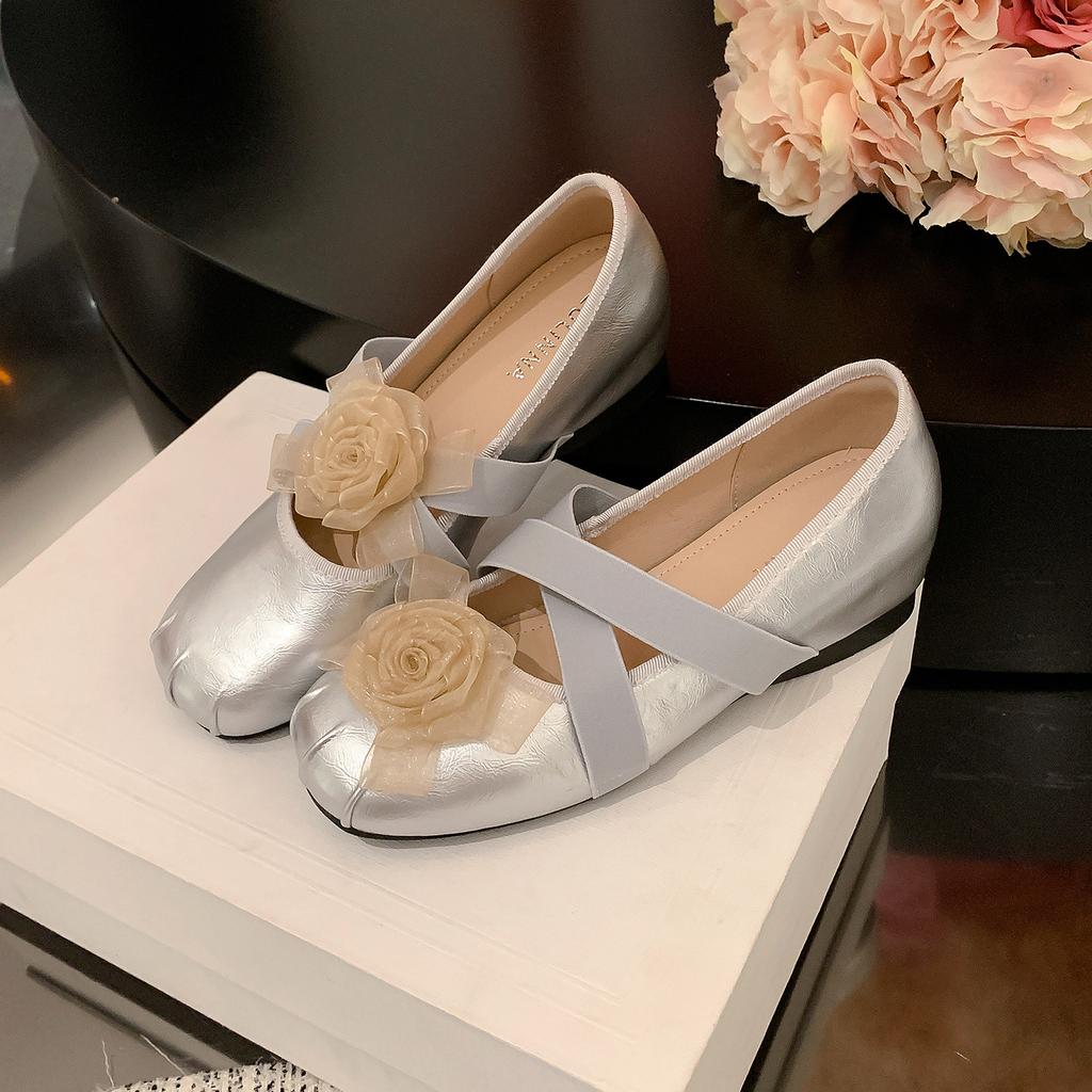 Height-increasing camellia French light-mouth ballet single shoes women's versatile round head soft sole silver Mary Jane shoes