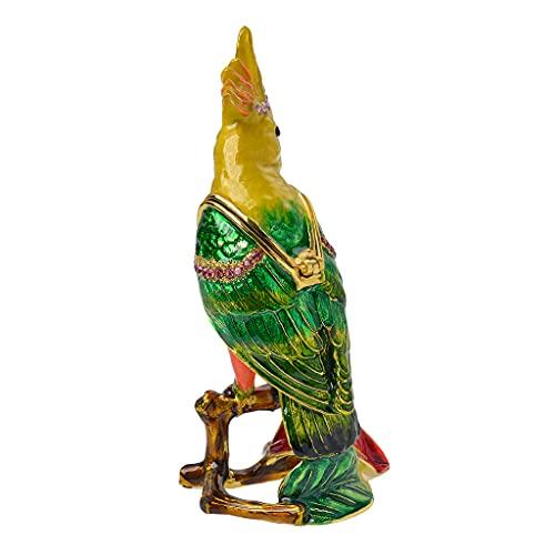 FJ FENGZHIJIE Trinket Box with Hinged Parrot Bird Figurine, Golden Crystal Enamel Cocktail Home Decor, Bird Lover Gift