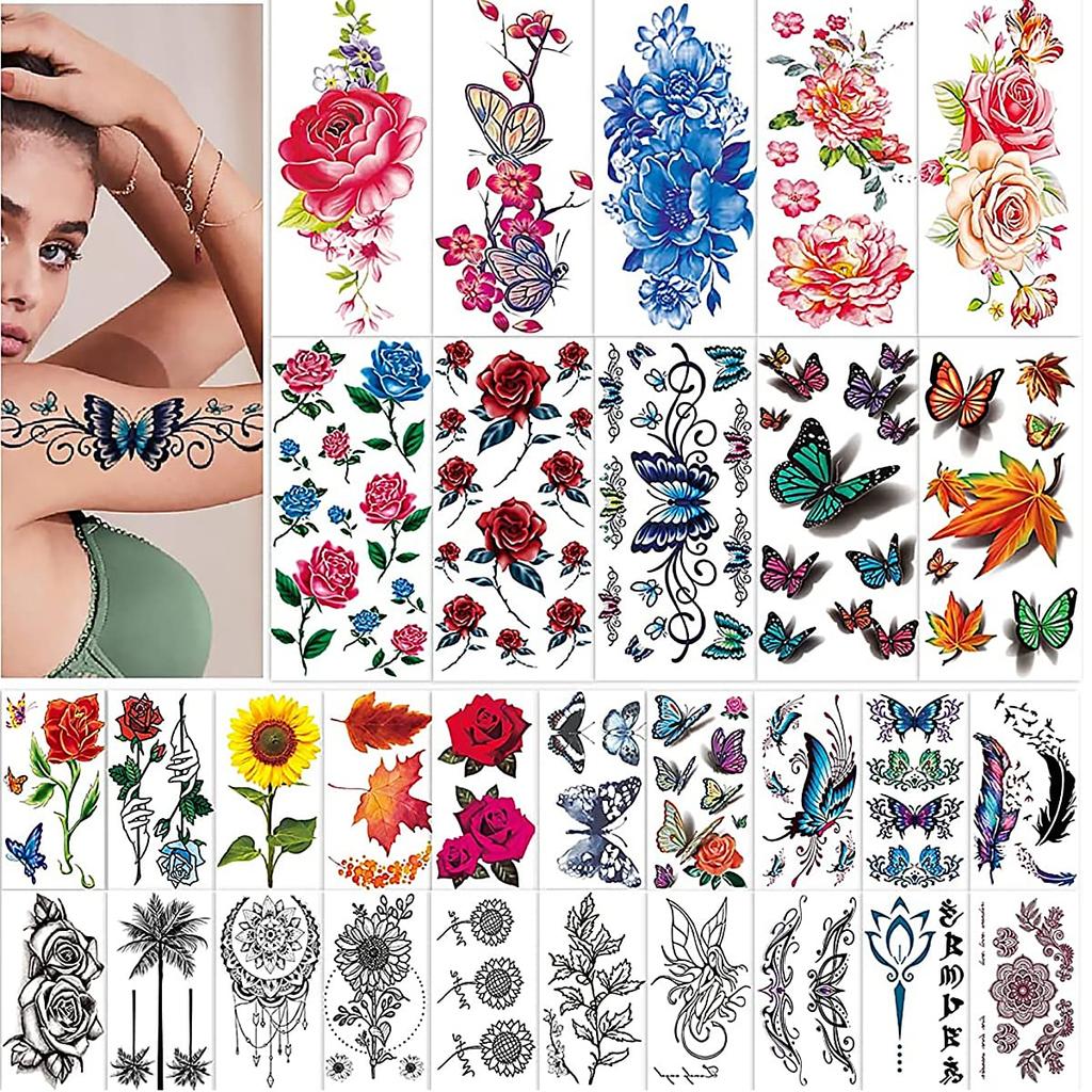 MAYCREATE® 30 Sheets Temporary Tattoos Sticker for Men Waterproof Tattoo Sticker Flowers Temporary Tattoos Stickers Roses Butterflies Assorted Tatt