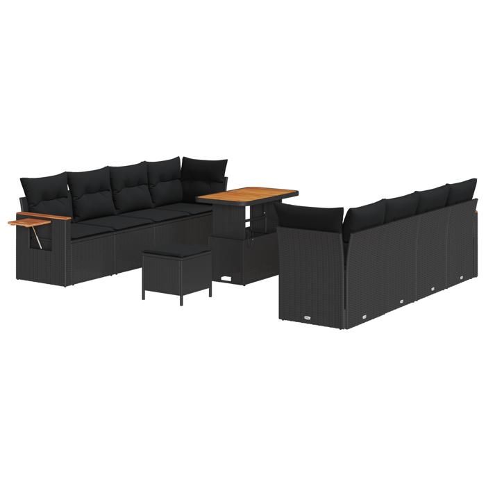 Ensemble de canapé 11 pièces en Poly Rattan noir avec coussins Acacia, Ensemble de salle à manger de jardin 3 pièces en Poly 3365099