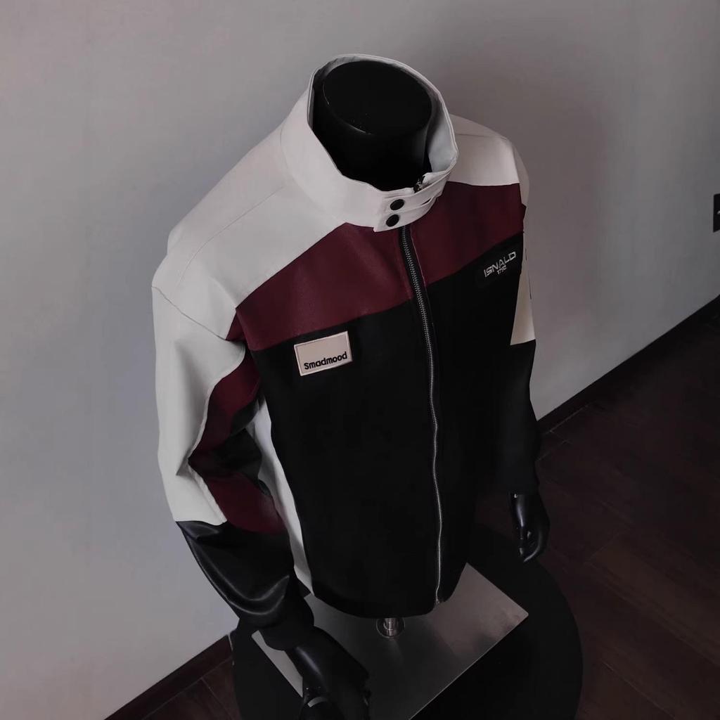 Men's American Style PU Leather Pilot Jacket - Color Block Patchwork for Cool Motorcycle Riding