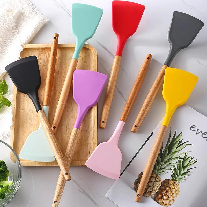 Non-Stick Silicone Spatula Wooden Turner Pancakes Frying Pan Shovel Meat Egg Scraper Turners Food Lifters Kitchen Cooking Tool