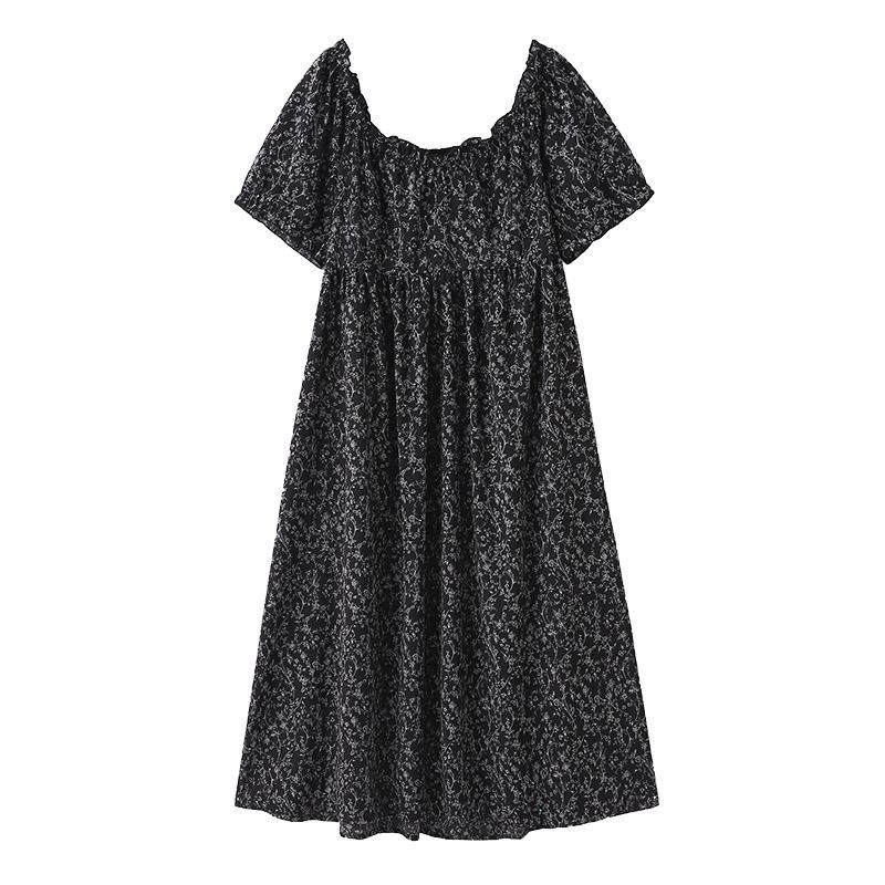 A Large-sized Women's Vintage Floral Square-neck Short-sleeved Dress, A New Summer Style A-line Dress That Makes You Look Slimming