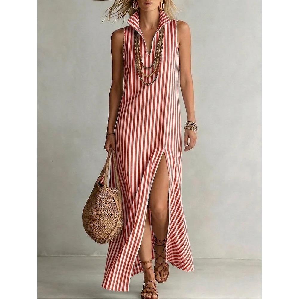 Women's Turn Down Collar Sleeveless Slim Fit Striped Maxi Dress Side Split Long Dress For Beach Casual Daily Wear