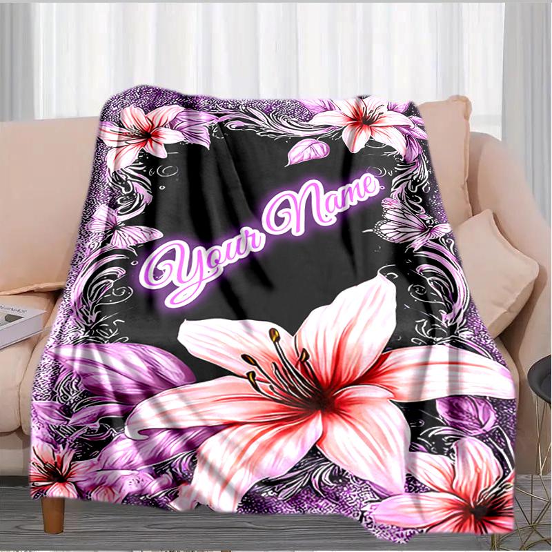 1PC Custom Name Floral Name Artwork Flannel blankets Patterns Throw Blanket All-Season Soft Gift for Couch, Bed, Camping gifts