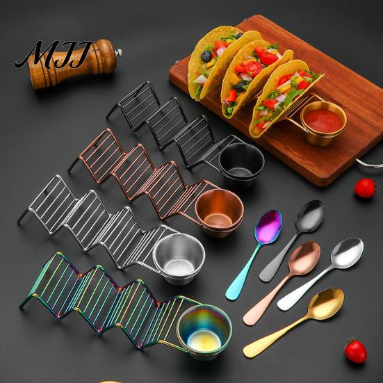 Burrito Serving Rack Taco Holder Stand with Dip Bowls, 201 Stainless Steel Wave Set, Tableware for Family Gatherings 2 Sauce Dishes And