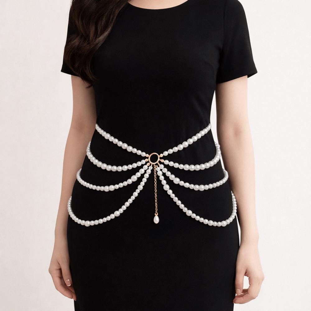 Golden Multilayer Body Chain Y2K Beadeds Body Chain Fashion Pearl Waist Chain Character Playing