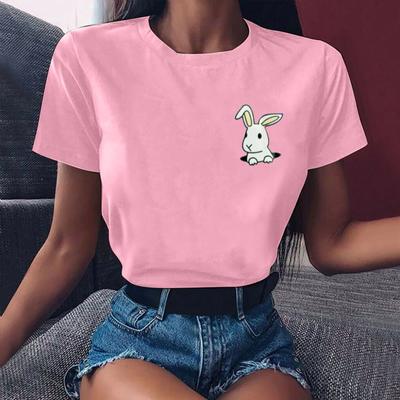 Summer Round Neck Little Rabbit Pattern Printed Top Fashionable Casual Pure Cotton Short Sleeved Women's T-shirts