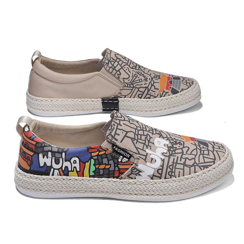 2022 Fashion Black Printed Summer Slip-On Men'S Canvas Shoes Breathable Platform Flat Shoes For Men Comfort Men'S Loafers Casual