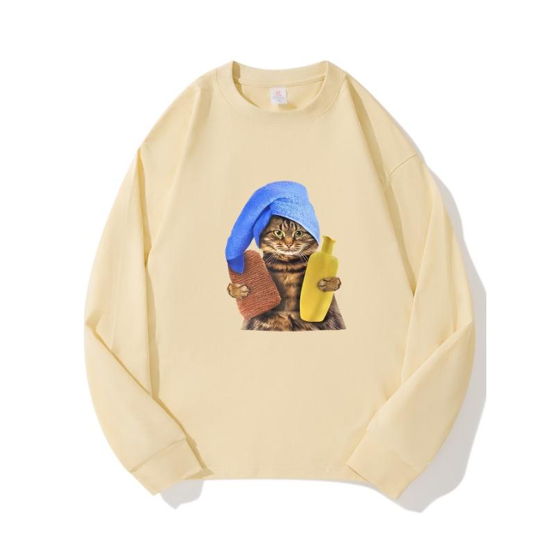 

Towel Cat Autumn Clothing Long Sleeved Pure Cotton New Men s and Women s Top, Spring Inner Layer, Basic Shirt, Round Neck Long Sleeved T-shirt XXL бежевый