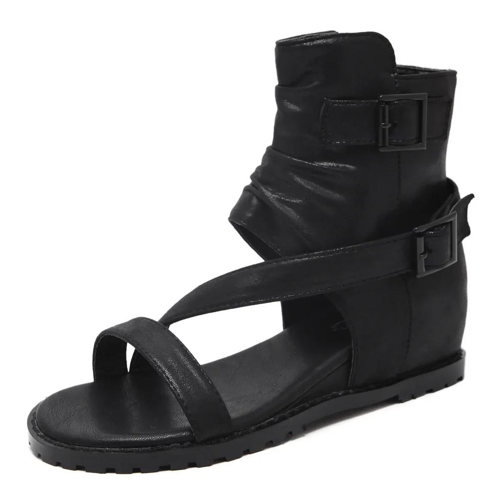 Fashion Vintage Wedges Roman Shoes for Women's Summer Peep Toe High Top Cool Boots Buckle Belt Back Zipper Cover Heeled Sandals