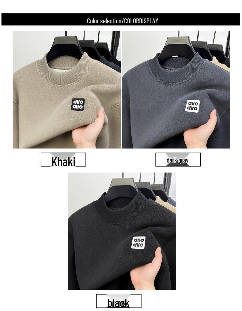 Men's Heavyweight Alpaca Wool Hoodie with Velvet Lining, Fleece-Lined, Versatile Round Neck Base Layer Shirt