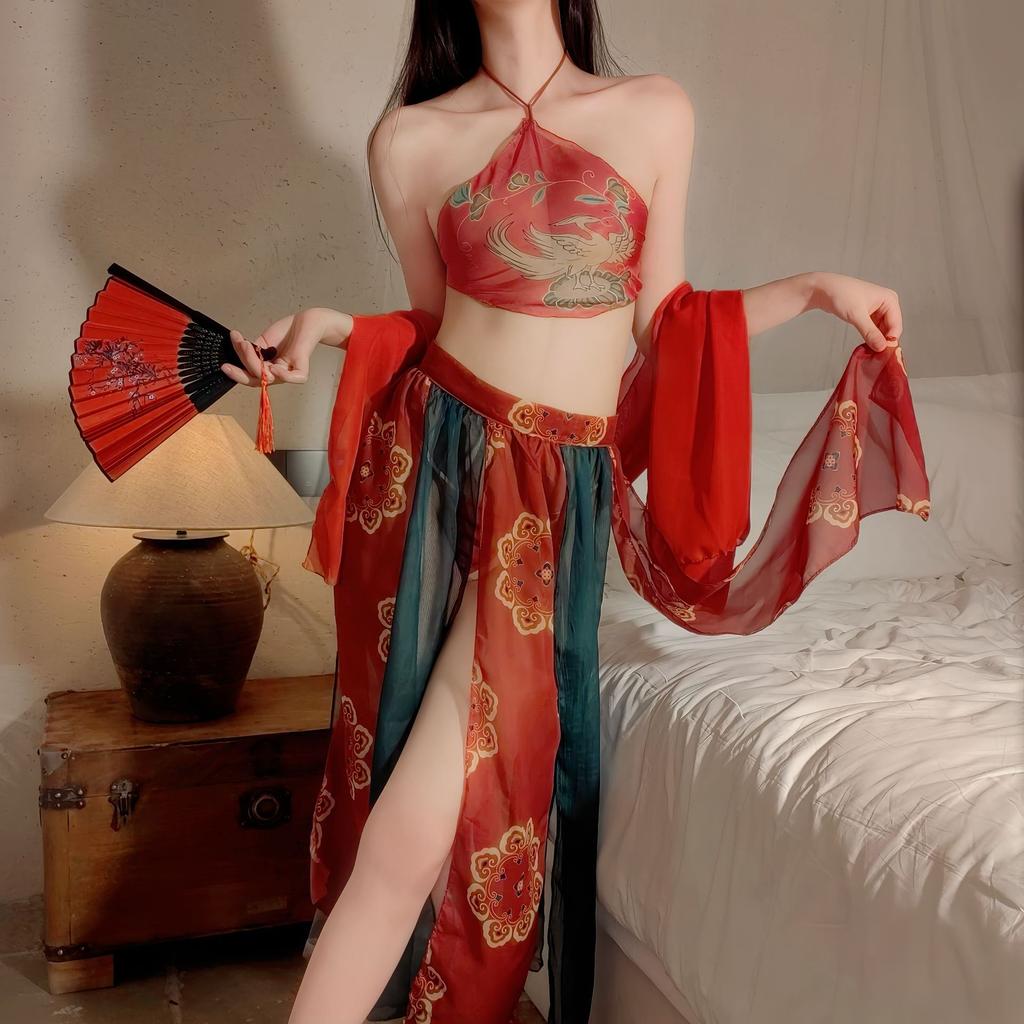 Large size erotic underwear sexy national style ancient Dunhuang flying Hanfu pajamas court style mesh nightdress Dunhuang style