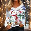 Women's Christmas Print Long Sleeve V-Neck Top with Plush Collar and Patchwork Design