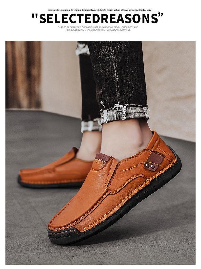 Hand-Stitched Men’s Leather Slip-On Loafers - Outdoor Casual, Low-Top, Plus Size.