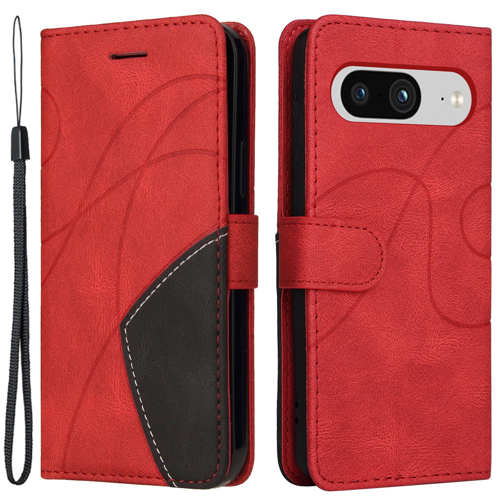 

For Google Pixel 8 Leather Case Wallet Stand Color Splicing Phone Cover Red