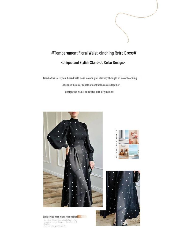 Elegant Long Sleeve Print Dress with Slim Fit Waist