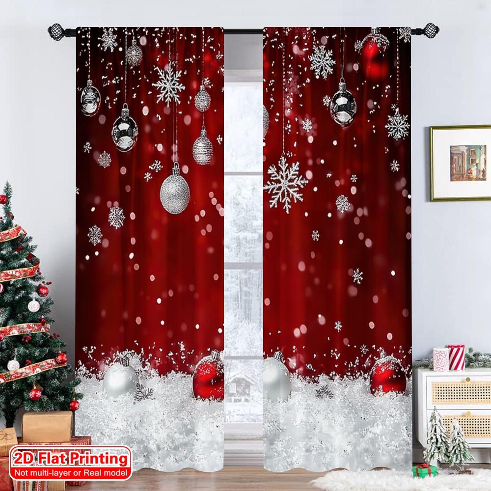 Set Of 2 Flat Printing Merry Christmas Scene Curtains Red White Snowflakes Polyester Without Electricity Festive Wall Decor Curtain