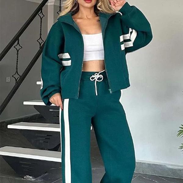 Spring/Fall Striped Zipper Top Women's Casual Sports Set